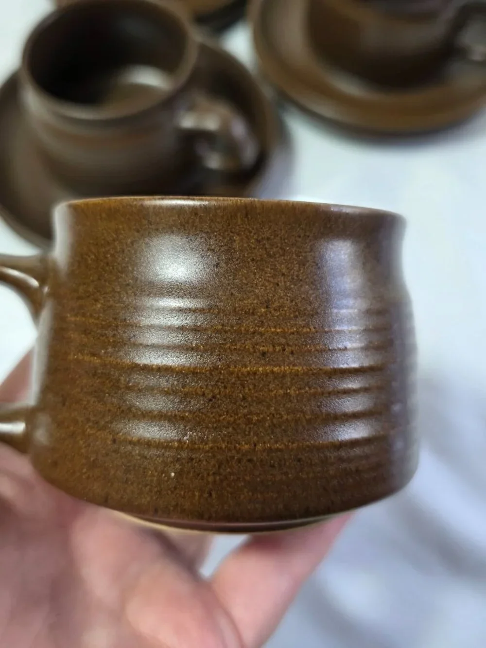 Six Denby Langley Mayflower Cup & Saucer Sets Brown with Bands